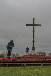 The Cross at the edge of the Lochnagar Crater. Rory is standing next to it